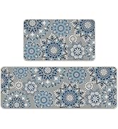 Livcoz Chinoiserie Flower Grey Kitchen Rugs Set of 2, Blue and White Porcelain Mandala Floral Kit...