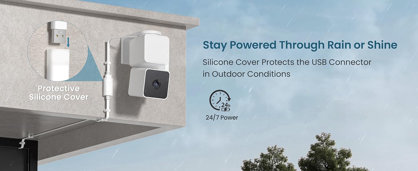 Text reads 'Stay Powered Through Rain or Shine' and product specifications. Collection of white electronic devices including cameras, speakers, and chargers displayed on light background.