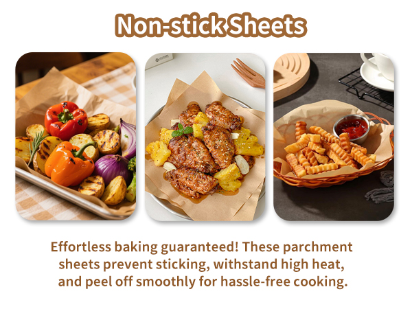 Parchment paper prevents sticking and withstands high temperatures for easy cooking.