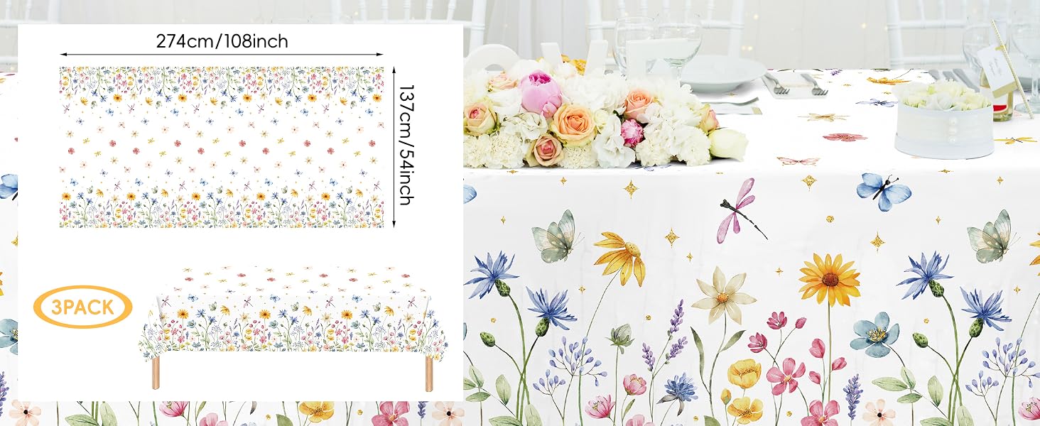 3-Piece 54 x 108 Inch Spring Floral Plastic Tablecloth