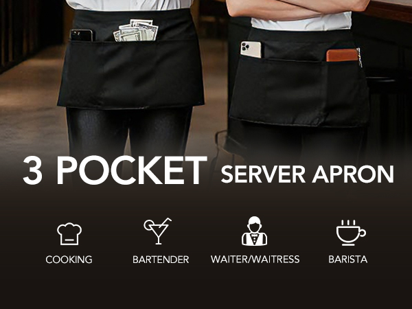 Waitress Apron With 3 Pockets-Black Server Aprons-Waiter Short Half Waist Servers Apron