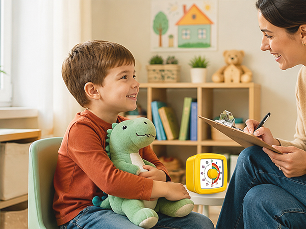 Young child wearing brown shirt playing with yellow clock-shaped learning toy while adult woman in background supervises in home setting with shelving.