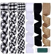 Winlyn 36 Yards 6 Rolls Black and White Buffalo Check Plaid Wired Ribbon Natural Jute Mesh Burlap...