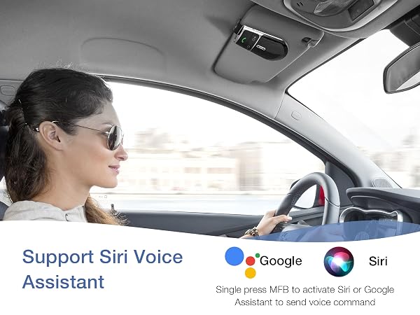Car interior view showing steering wheel and dashboard. Text below mentions voice assistant support for Siri and Google, with icons and instructions for activation.