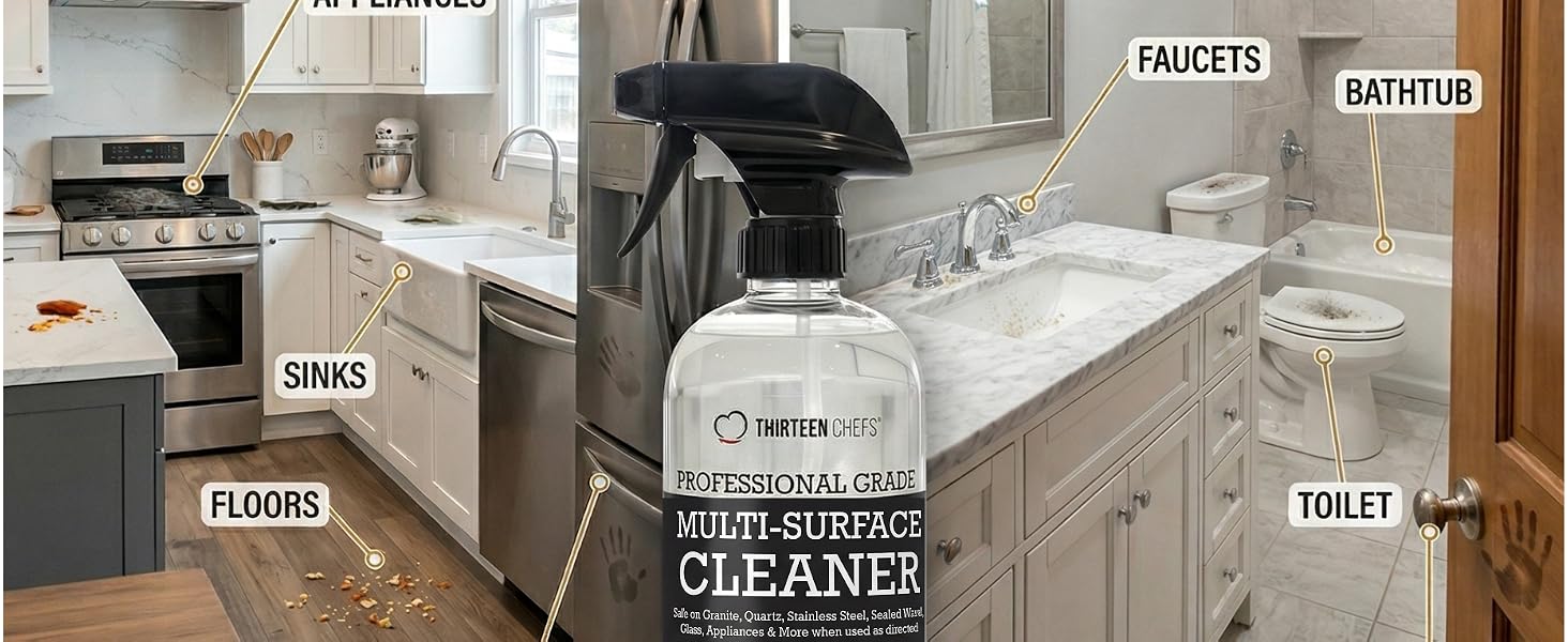 Works on appliances, sinks, floors, countertops, faucets, bathtub, toilet