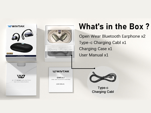 Includes open-ear Bluetooth earbuds, charging case, Type-C cable, and user manual in box.