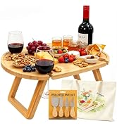 TRENLUVA Portable Wine Picnic Table with 4 Glass Holders, Natural | Bamboo, Foldable Legs, Includ...