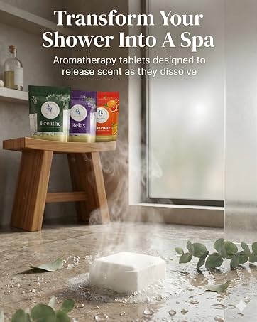 Shower steamer dissolving with steam, creating a spa-like aromatherapy experience