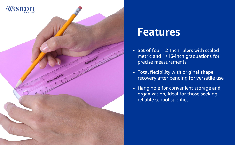 Westcott Shatterproof Rulers, Flexible Design with Easy-to-Read Markings, for Home