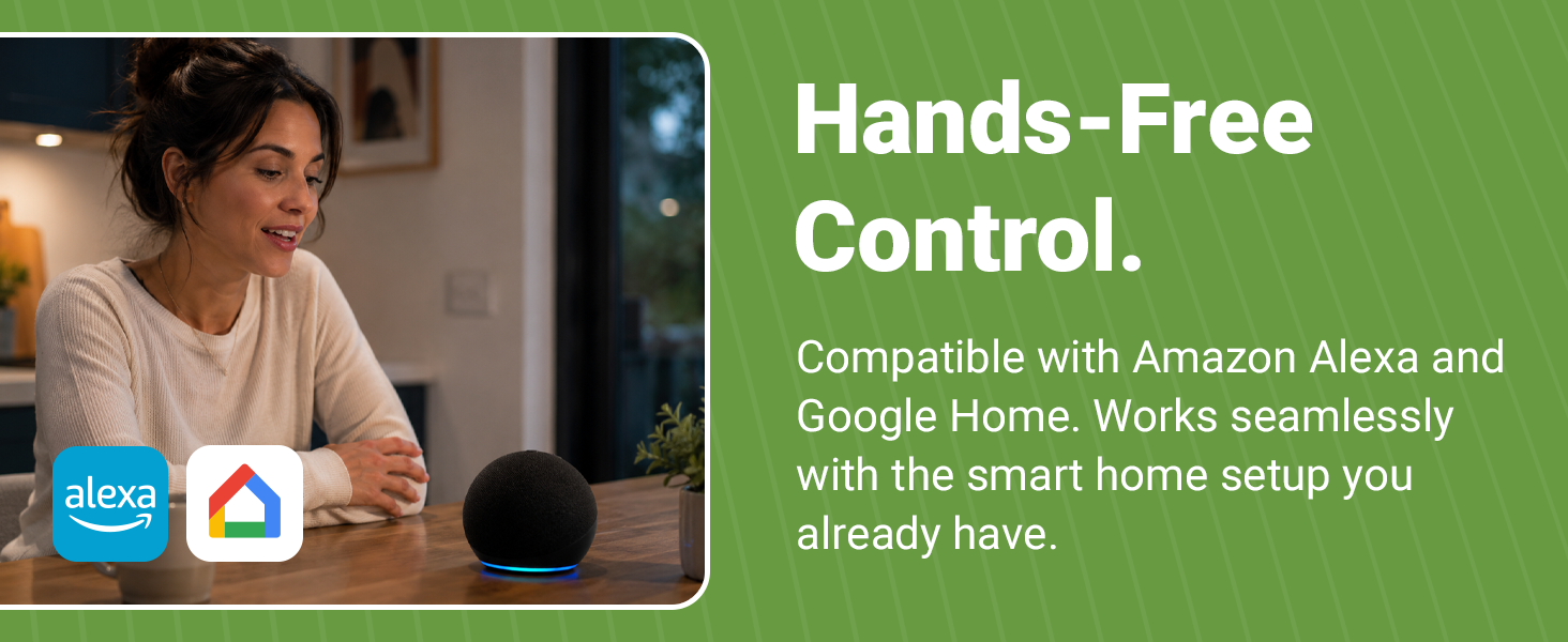 Woman using voice control at home with Alexa and Google Home badges. Emporia smart plug compatible.