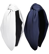 Wecoe 2 Pack Knotted Headbands For Women Navy Blue White Wide Headbands for Women's Hair Non Slip...