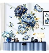 decalmile Large Blue Flower Wall Stickers Gold Leaves Penoy Floral Wall Decals Bedroom Living Roo...