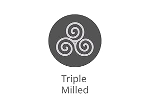 Text reads 'Triple Milled'. Gray circular icon containing white triple spiral symbol with text below on white background.