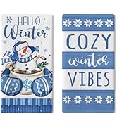 Croar Hello Winter Hot Cocoa Kitchen Dish Towels Set of 2, Blue Snowman Mitten Drying Hand Towels...