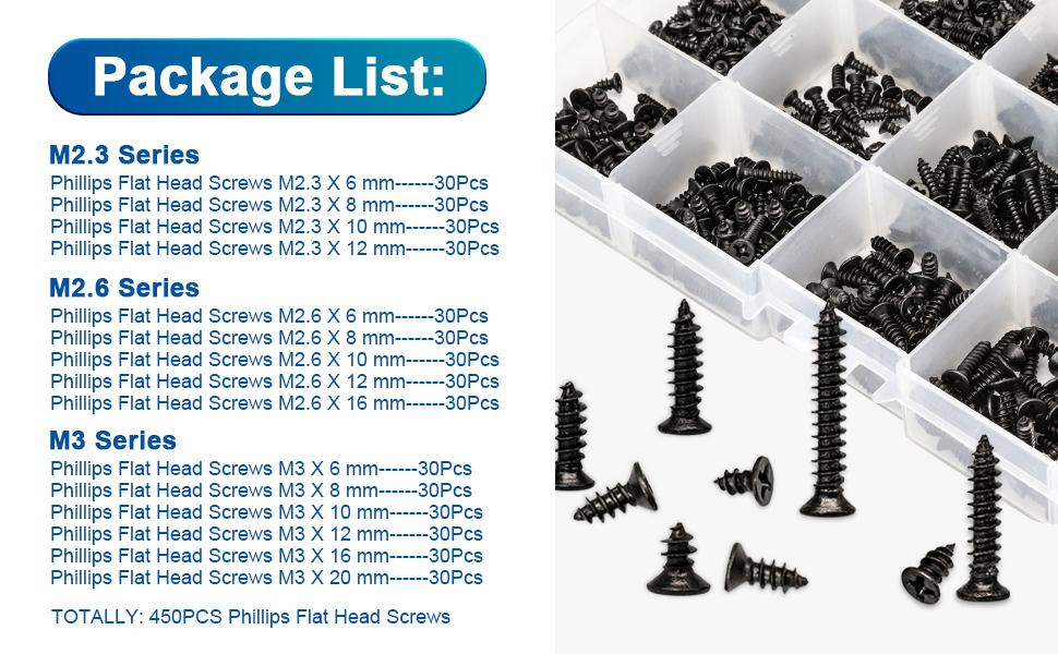 NINDEJIN 450Pcs Phillips Flat Head Screws Package list