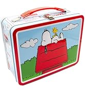 Peanuts Snoopy Tin Fun Box with Embossed Cover and Handle 8 x 6 Inches - Collectible Retro Contai...