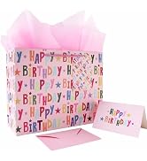 JAYTEM Birthday Gift Bag, 13" Pink Large Gift Bag, Classic Colorful Lettering Design Happy Birthd...