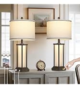 luxeflow 27in Tall Farmhouse Table Lamp Set of 2 with USB C+A & Outlet,Brown Industrial End Table...
