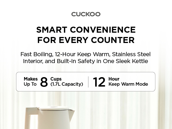 Stainless steel electric kettle 1.7L cordless hot water boiler for tea and coffee, CUCKOO countertop