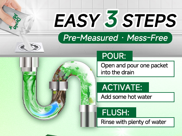 pre-meashred & mess-free, easy 3 steps: pour one packet into the drain, add hot water, flush washer