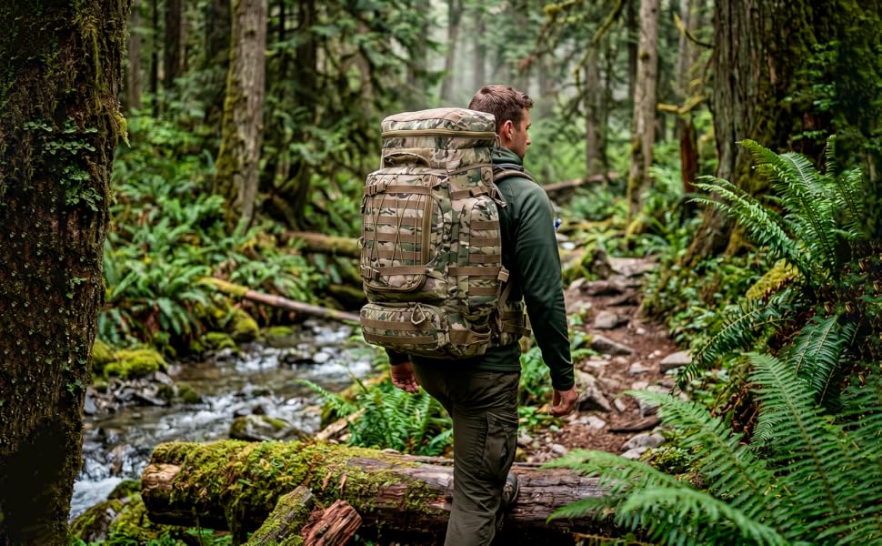 Large military backpack with internal frame 70L camouflage