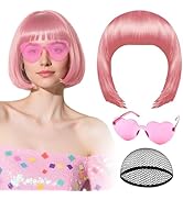 PLULON Lovely Pink Bob Wig with Heart Sunglasses and Hair Cap for Women, Short Bob Wigs Synthetic...