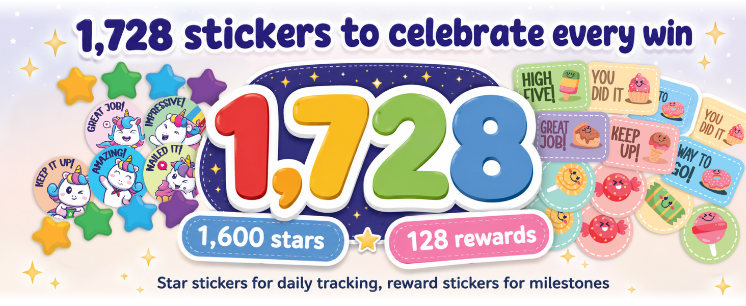 1,728 reward stickers set for kids with stars, emojis and milestone rewards
