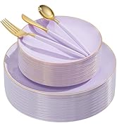 DaYammi 150Pcs Purple Plastic Plates with Gold Rim,Disposable Plastic Plates Include 30 Dinner Pl...
