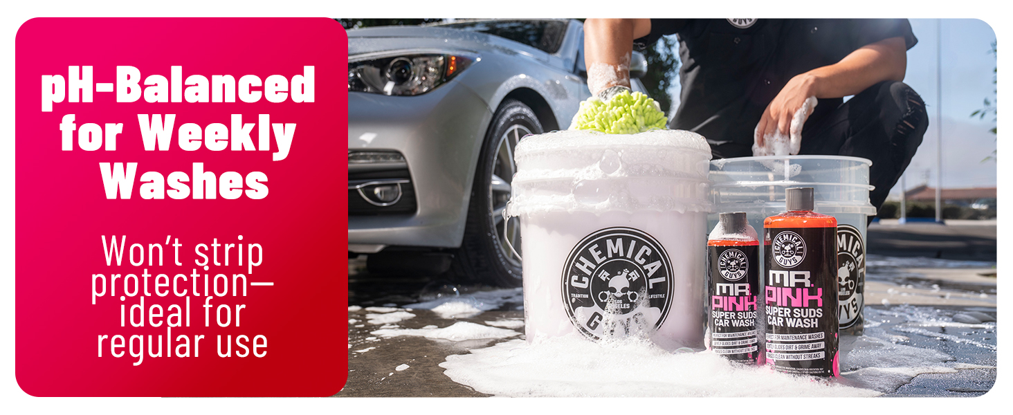 Professional auto shampoo producing rich suds; safe on ceramic coatings, waxed, and sealed surfaces