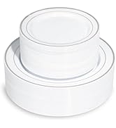 Pryntono 200PCS Sliver and White Plastic Plates, Disposable Party Plates with Silver Rim, Include...