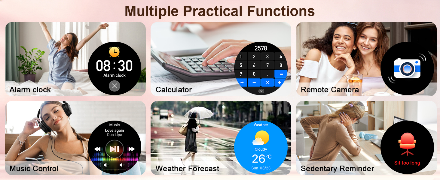 Text reads 'Multiple Practical Functions.' Grid of six circular icons showing smartwatch functions: alarm/clock, workout/fitness, sleep tracking, message/notification, music control, and heartbeat/health monitoring.