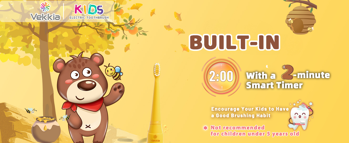 Children's toothbrush advertisement featuring cartoon bear and sheep. Highlights 2-minute smart timer feature. Yellow background with autumn tree and beehive illustration.