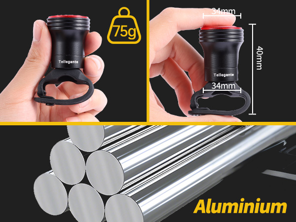 Compact black cylindrical object weighing 75g, shown in hand for scale. Dimensions: 41mm height, 34mm diameter. Aluminum rods displayed below.