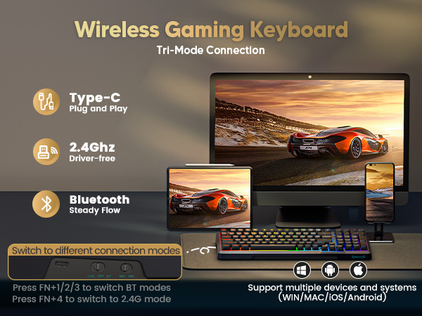 3 mode Bluetooth Wireless Gaming Keyboard