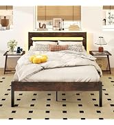 Giantex Full Size LED Bed Frame with Charging Station, Rustic Metal Platform Bed with Headboard &...