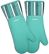 Alselo Silicone Oven Mitts Heat Resistant 550 Degree Extra Long Kitchen Gloves Pot Holders with W...