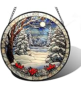 DASTOLL Stained Glass Window Hanging, Winter Snow Scene Sun Catchers Glass Panel Tree Mountains S...