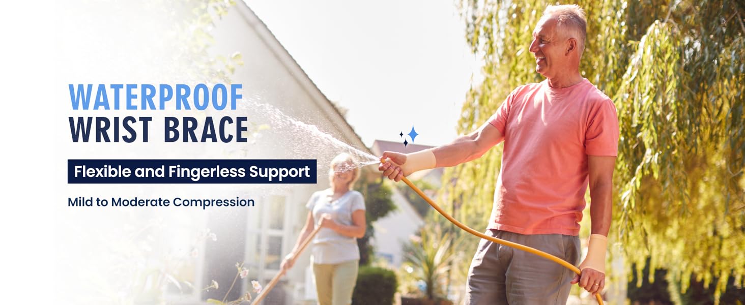 man wearing gel wrist brace while spraying garden hose showing waterproof wrist support outdoors