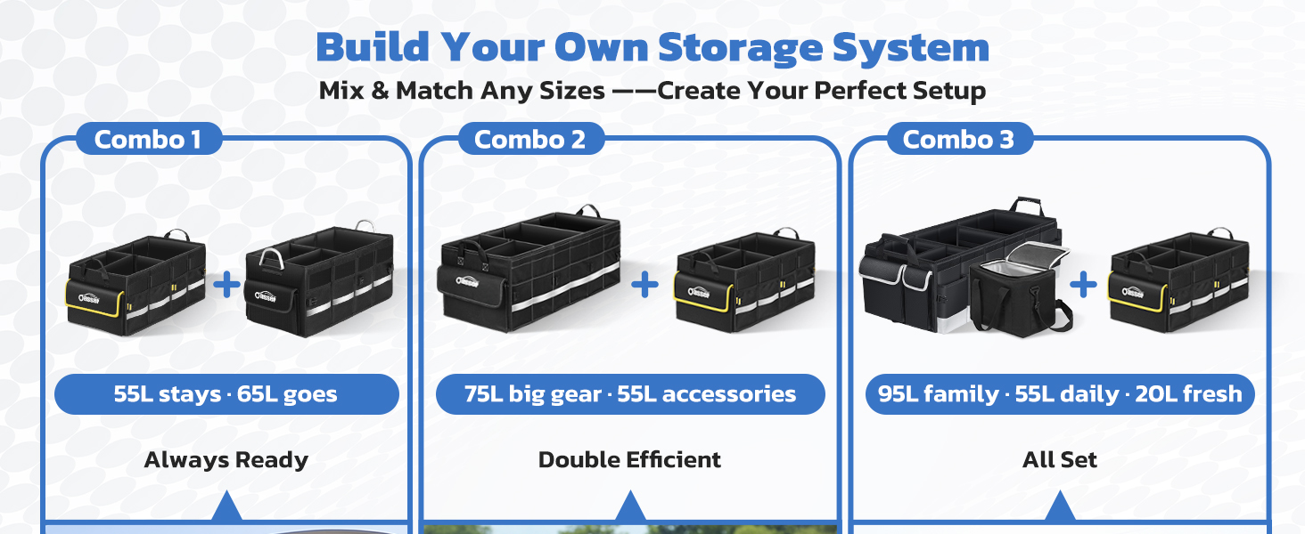 Purchase different sizes of trunk organizer in combination to meet all needs