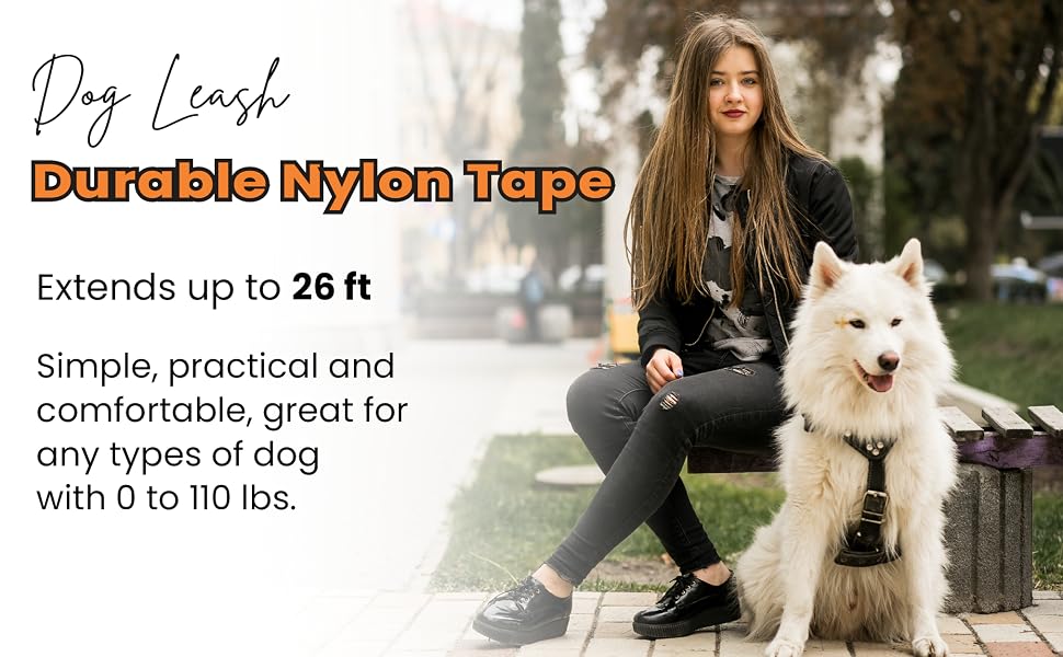 26 FT Retractable Dog Leash Strong Nylon Tape No Tangle