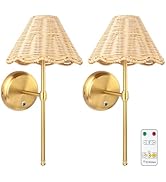 Folux Battery Operated Boho Rattan Wall Sconce Set of 2, Stepless Dimming Magnetic Wall Lamp, 520...