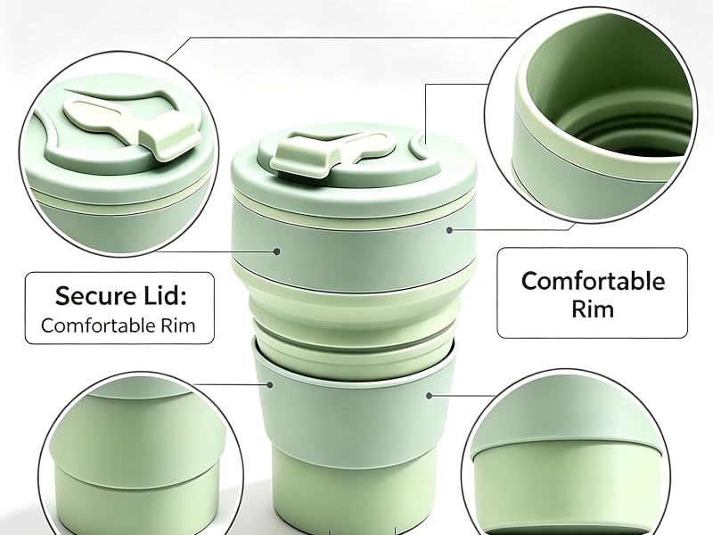 Collapsible silicone cup with leakproof lid, flexible body, comfy rim & stable travel base
