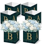6PCS Green Blue Tartan Plaid Baby Shower Flower Boxes Green Blue Preepy Bear Party Table Centerpi...