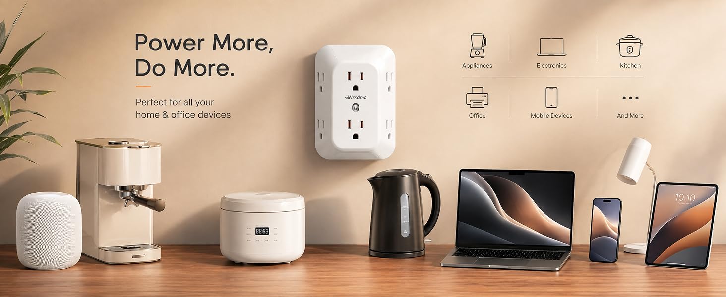 2 Prong to 3 Prong Outlet Adapter, Multi Plug Outlet Extender, 1875W