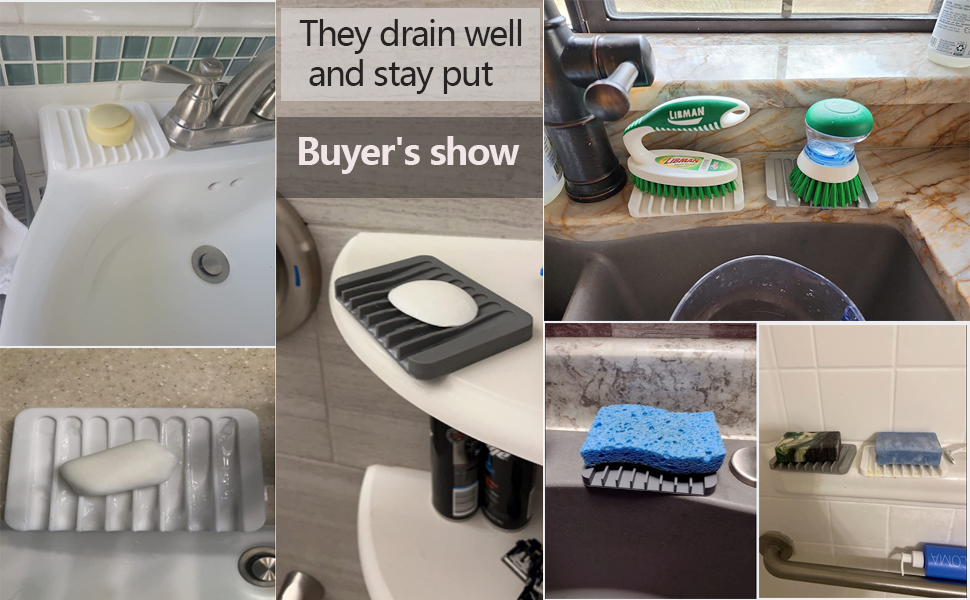 Real buyer photos. The silicone soap tray drains well for soap, sponges and cleaning brushes.