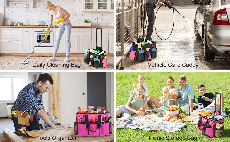 rolling cleaning caddy bag with detachable trolley