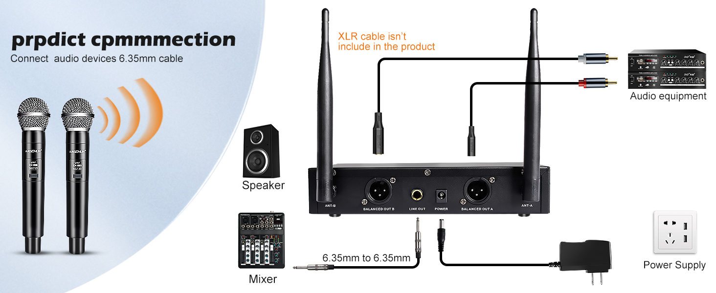 Wireless microphone system compatible with speaker, amplifier and mixer