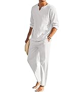 COOFANDY Men's 2 Pieces Cotton Linen Set Henley Shirt Long Sleeve and Casual Beach Pants Summer Y...