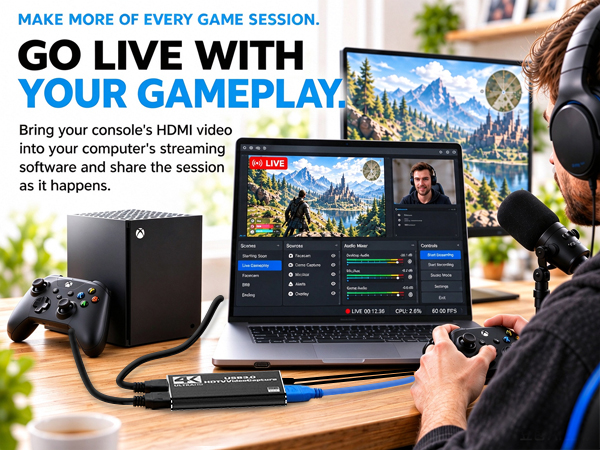 4K HDMI gaming video capture card for streaming recording for Nintendo Switch PS4 PS5 Xbox Camera