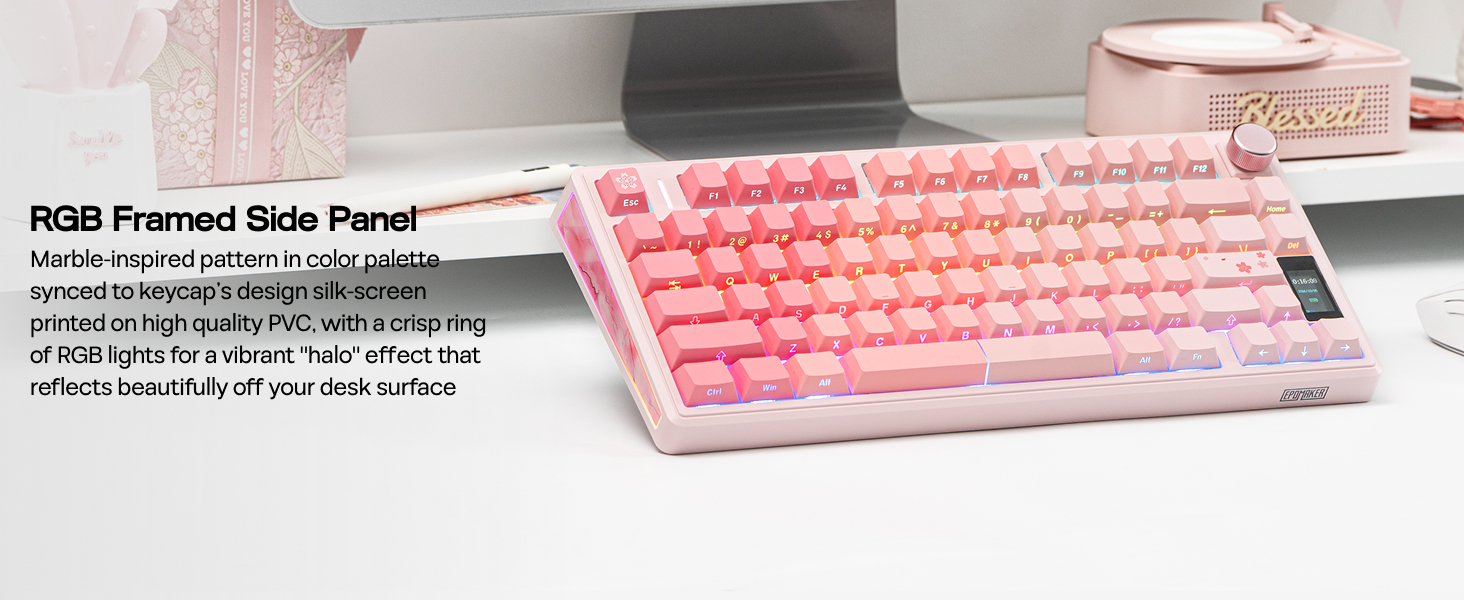 White mechanical gaming keyboard with pink RGB backlighting displayed against white background. Shows full-size layout with numeric keypad.